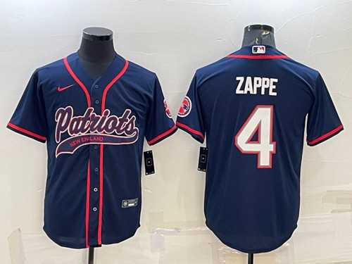 Mens New England Patriots #4 Bailey Zappe Navy With Path Cool Base Stitched Baseball Jersey->new england patriots->NFL Jersey